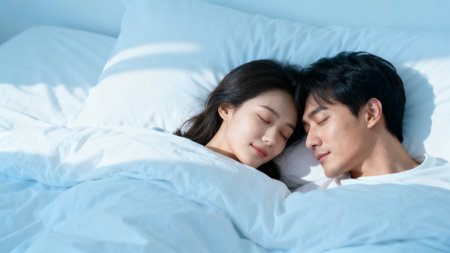 Couple sleeping together in bedの素材