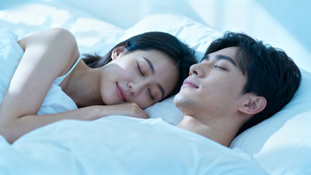 Couple sleeping together in bedの素材