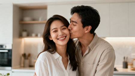 Man kissing woman in the kitchenの素材