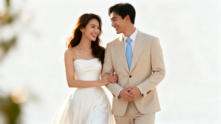 Couple in wedding attire smilingの素材