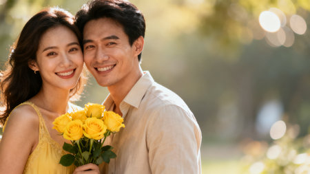 Smiling couple with yellow roses outdoorsの素材