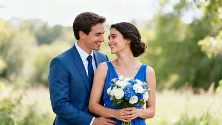 Couple in blue attire with bouquet outdoorsの素材