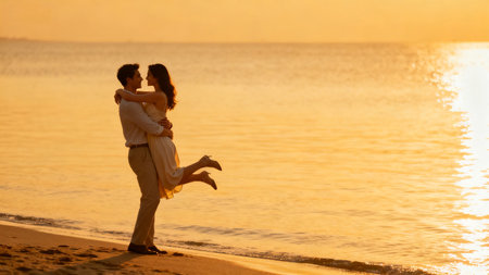 Couple embracing on beach at sunsetの素材