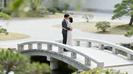 Couple embracing on stone bridge in gardenの素材