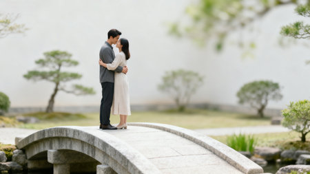 Couple embracing on bridge in gardenの素材