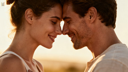 Couple in Close Embrace at Sunsetの素材