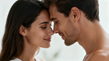 Closeup of couple touching foreheadsの素材