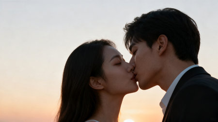 Young asian couple kissing at sunset. Love and romance concept.の素材