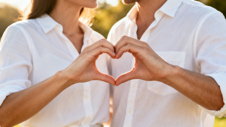 Close-up of a young couple making a heart shape with their handsの素材