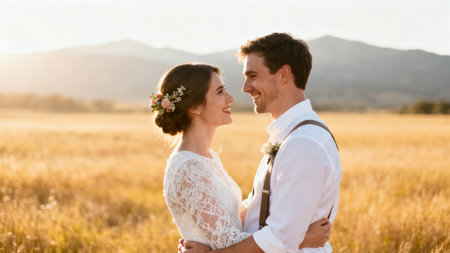 Couple in a field at sunsetの素材