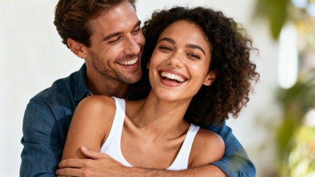 Smiling couple embracing outdoorsの素材