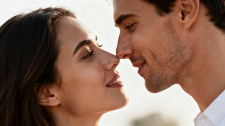 Closeup of a couple about to kissの素材