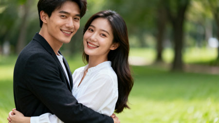 Smiling couple in parkの素材