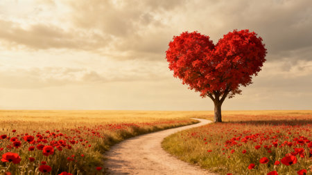 Valentine's day background with heart shaped tree and road.の素材