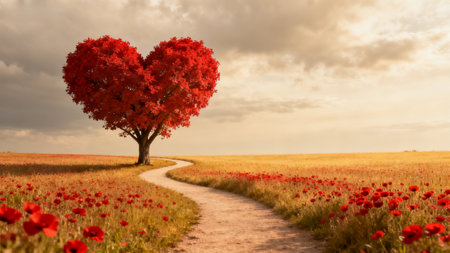 Heart shaped tree in field of flowersの素材