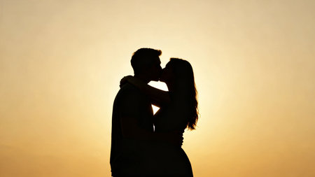 Silhouette of couple kissing at sunsetの素材