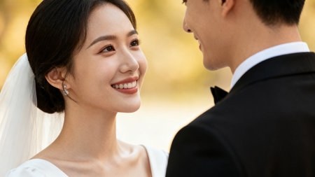 Couple in wedding attire sharing a momentの素材