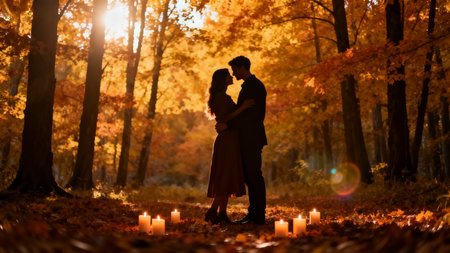 Couple embracing in autumn forestの素材