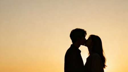 Silhouette of couple kissing at sunsetの素材