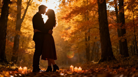 Couple embracing in autumn forestの素材