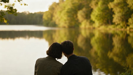 Back view of a young couple in love hugging and looking at the lakeの素材