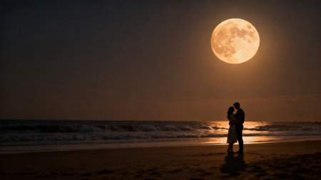 Couple embracing on beach under full moonの素材