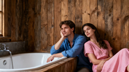Couple in wooden room near windowの素材