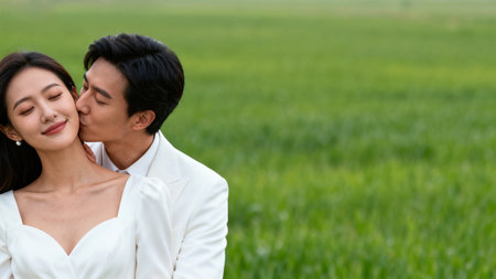 Couple in green fieldの素材