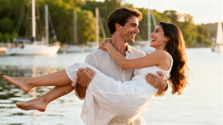 Couple embracing by waterfront with boatsの素材