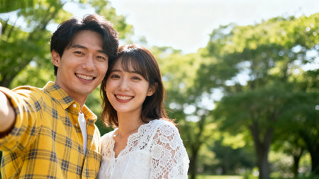 Smiling couple taking selfie outdoorsの素材