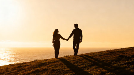 Couple holding hands at sunsetの素材