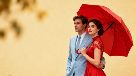 Couple with red umbrella against yellow wallの素材
