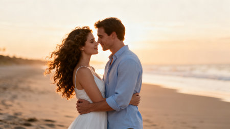 Couple on the beach at sunsetの素材