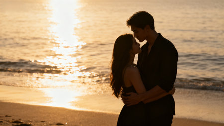 Silhouette of a young couple kissing on the beach at sunsetの素材