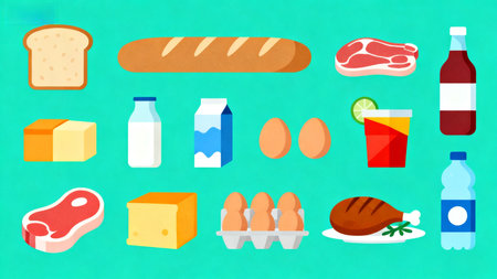 Food and drink icons on teal backgroundの素材