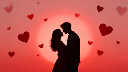 Silhouette of couple in embrace with heartsの素材