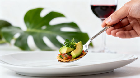 Hand holding spoon with avocado and garnishの素材