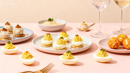 Appetizers and wine on a tableの素材