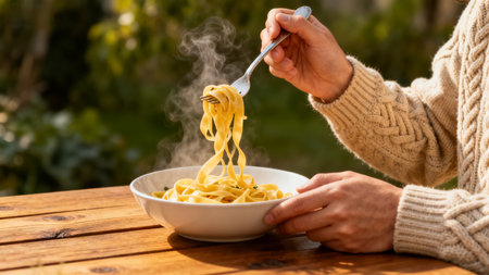 Person Eating Steamy Pasta Outdoorsの素材