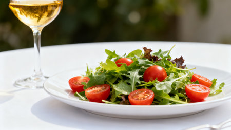 Salad with wine on the tableの素材