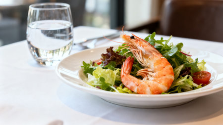 Shrimp salad with greens and water glassの素材