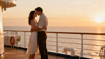 Couple embracing on cruise ship deckの素材