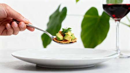 Hand holding spoon with avocado salad and wineの素材