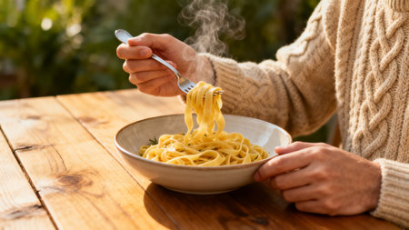 Person Eating Steaming Pasta Outdoorsの素材