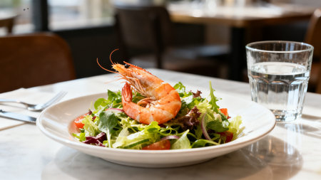 Salad with shrimp on the tableの素材