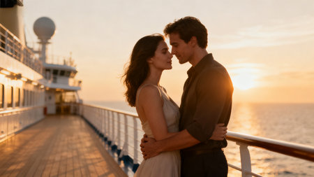 Couple on a cruise ship at sunsetの素材
