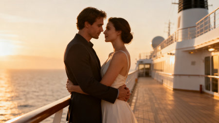 Couple on a cruise ship at sunsetの素材