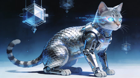 3D rendering of a female cyborg with a cat on a dark backgroundの素材