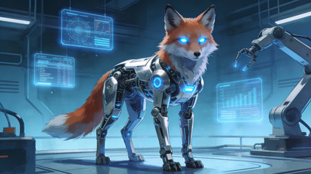 3d rendering of a robot with a red fox on a blue backgroundの素材