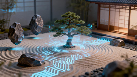 Bonsai tree in the garden with circuit board. 3D renderingの素材